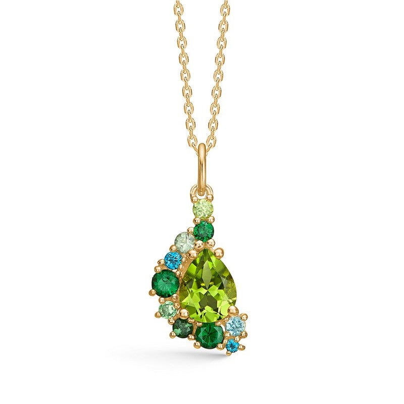 Four Seasons Spring vedhæng fra Mads Z i 14 kt guld med peridot, grøn safir, grøn turmalin, tsavorit, blå apatit, London blue topas og diamanter inkl. ankerkæde 40–45 cm.